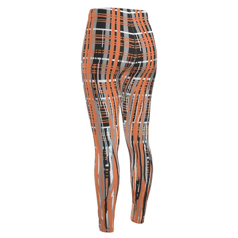 High Waisted Leggings in Dripping Plaid Gray Coral
