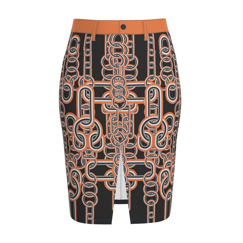 Denim Midi Skirt in Diagonal Chains Gray Coral