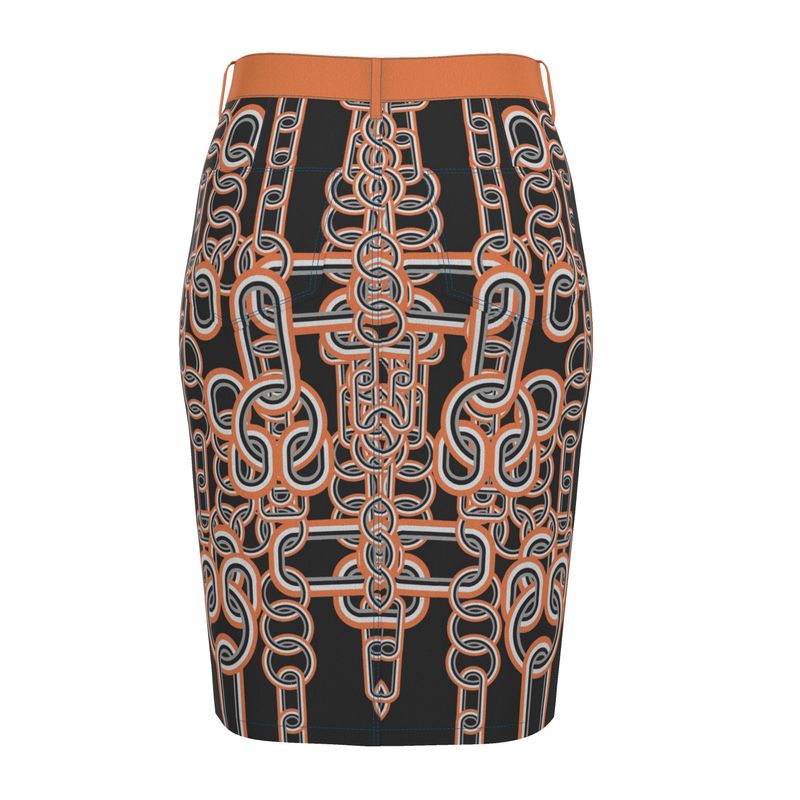 Denim Midi Skirt in Diagonal Chains Gray Coral