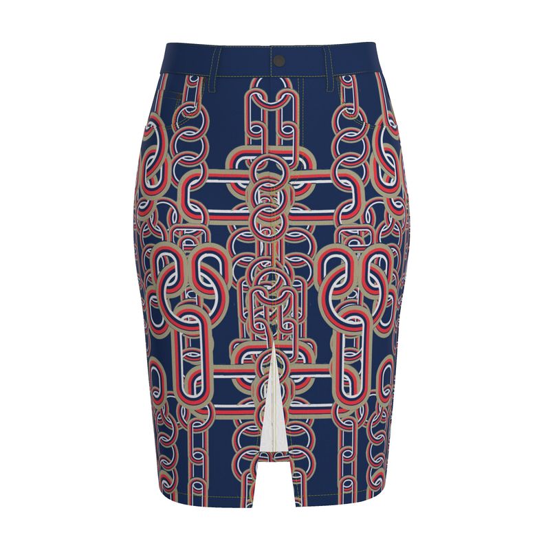 Denim Midi Skirt in Diagoonal Chains Blue