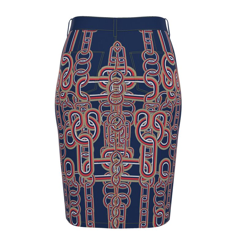 Denim Midi Skirt in Diagoonal Chains Blue