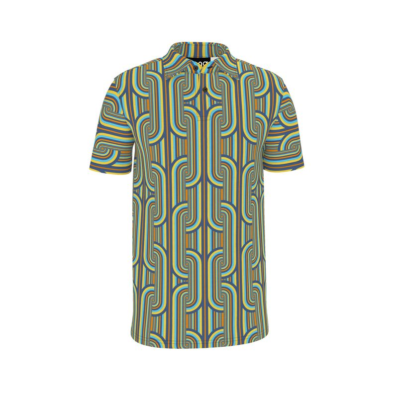 A short-sleeved polo shirt with a geometric pattern in vivid sky blue, yellow, lapis lazuli, and pumpkin colors.