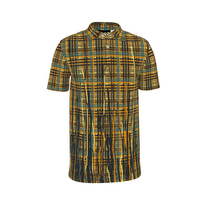 A polo shirt with a dripping tartan pattern in orange, green, and black colors, featuring a sharp collar and short sleeves.