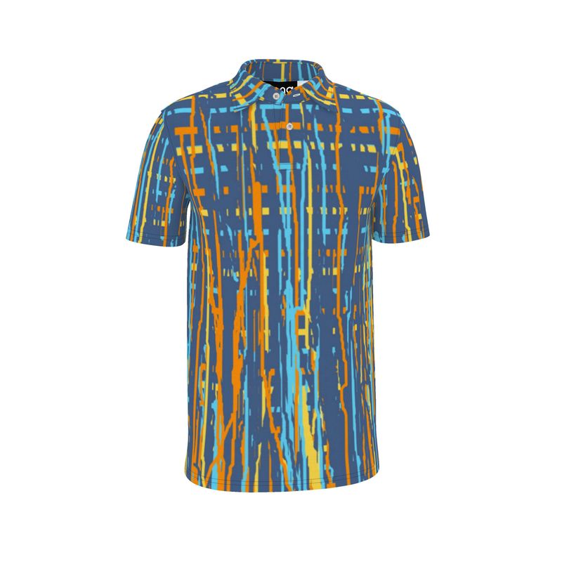 A short-sleeved polo shirt with a geometric pattern in blue and orange colors.