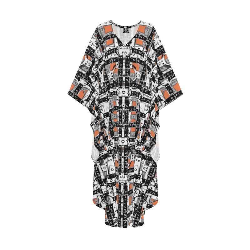 A kaftan featuring a geometric pattern made from leather straps and rings and buckles with gray and coral colors.