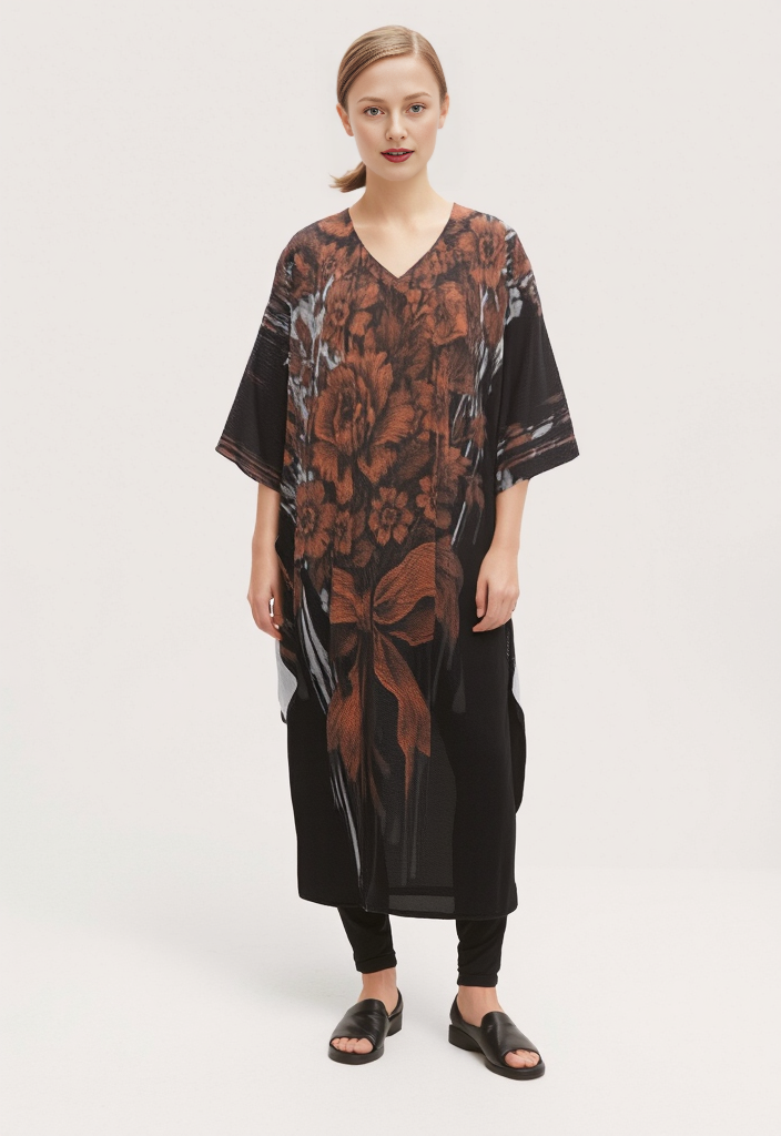 Kaftan in Dripping flowers Gray Coral