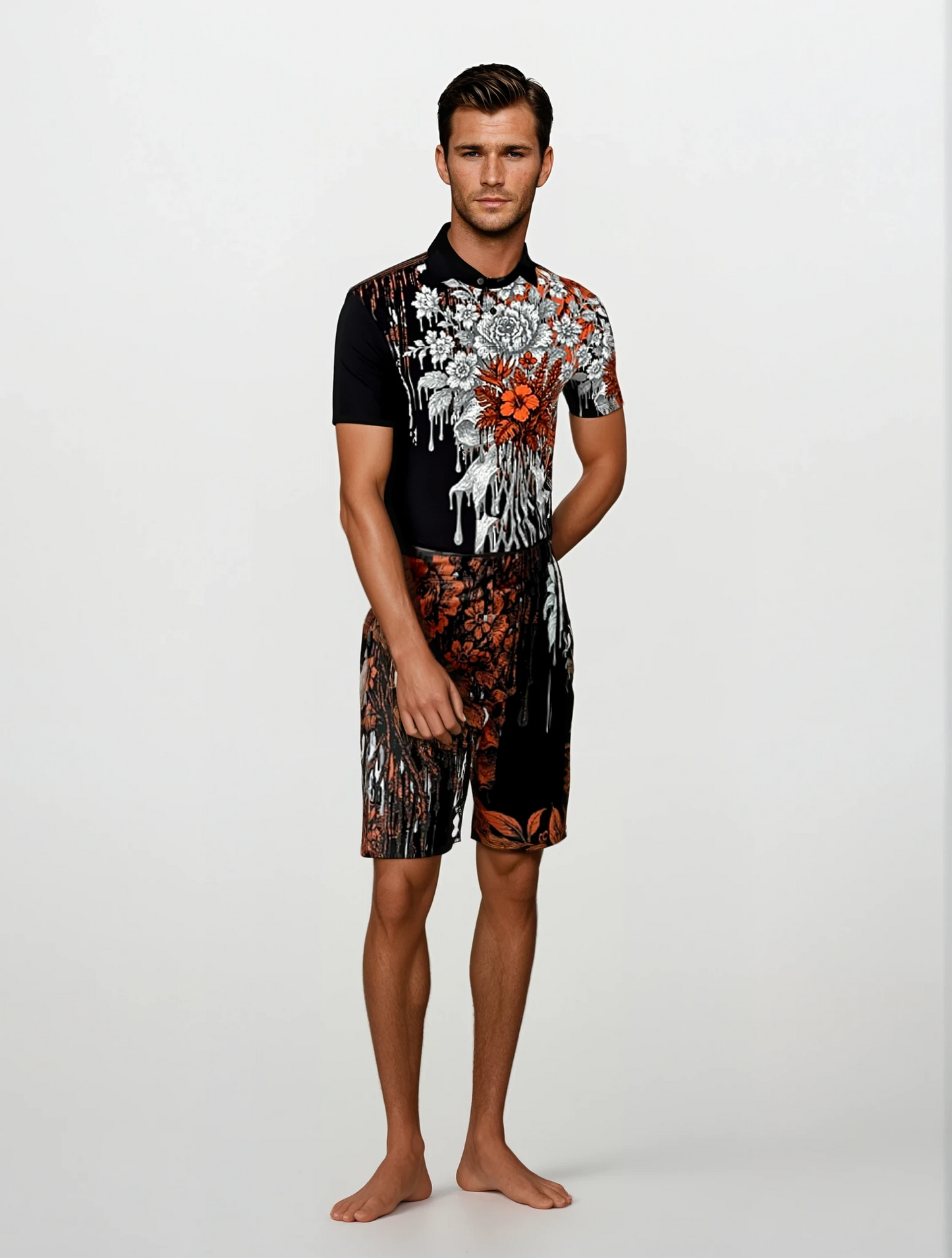 Polo Shirt in Dripping Flowers Gray Coral