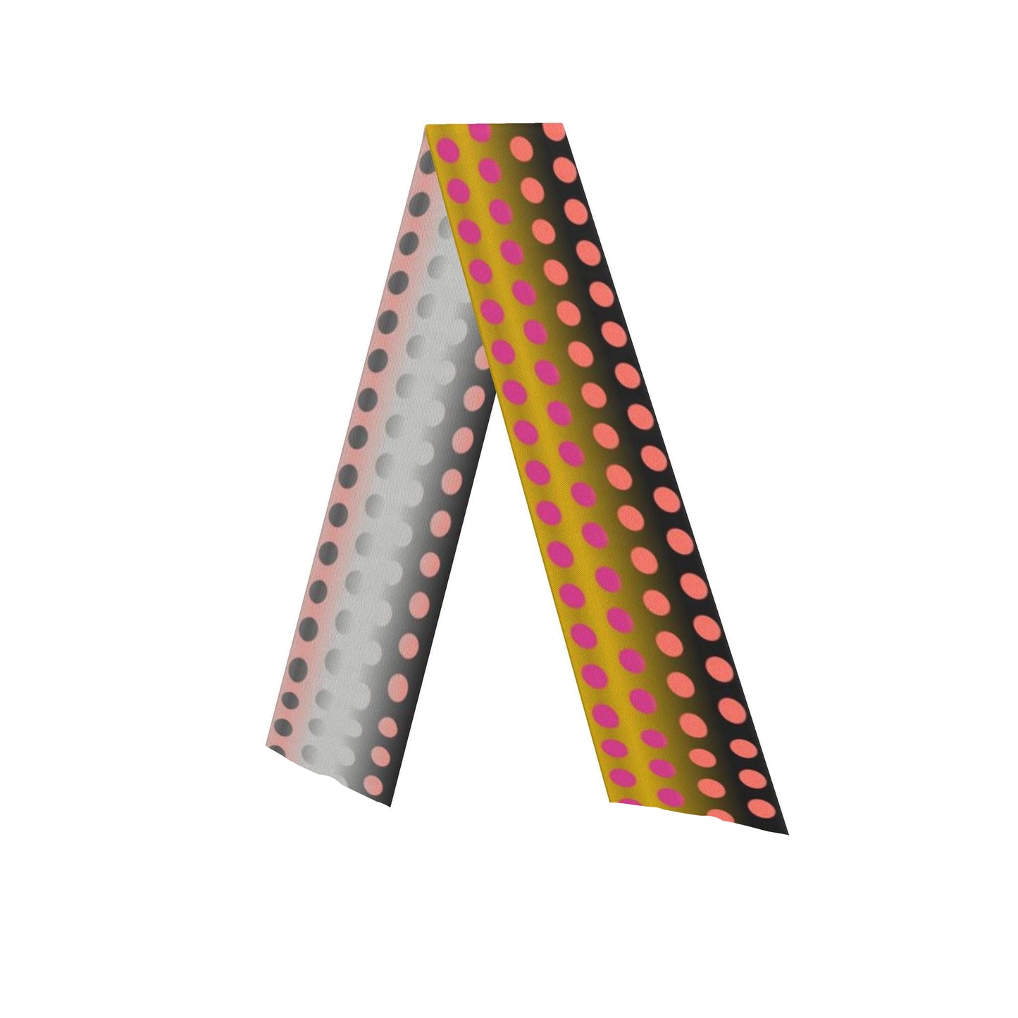 Asilk twill skarf with a black base, pink polka dots, and a yellow-to-pink gradient on one side, shown on a plain white background.