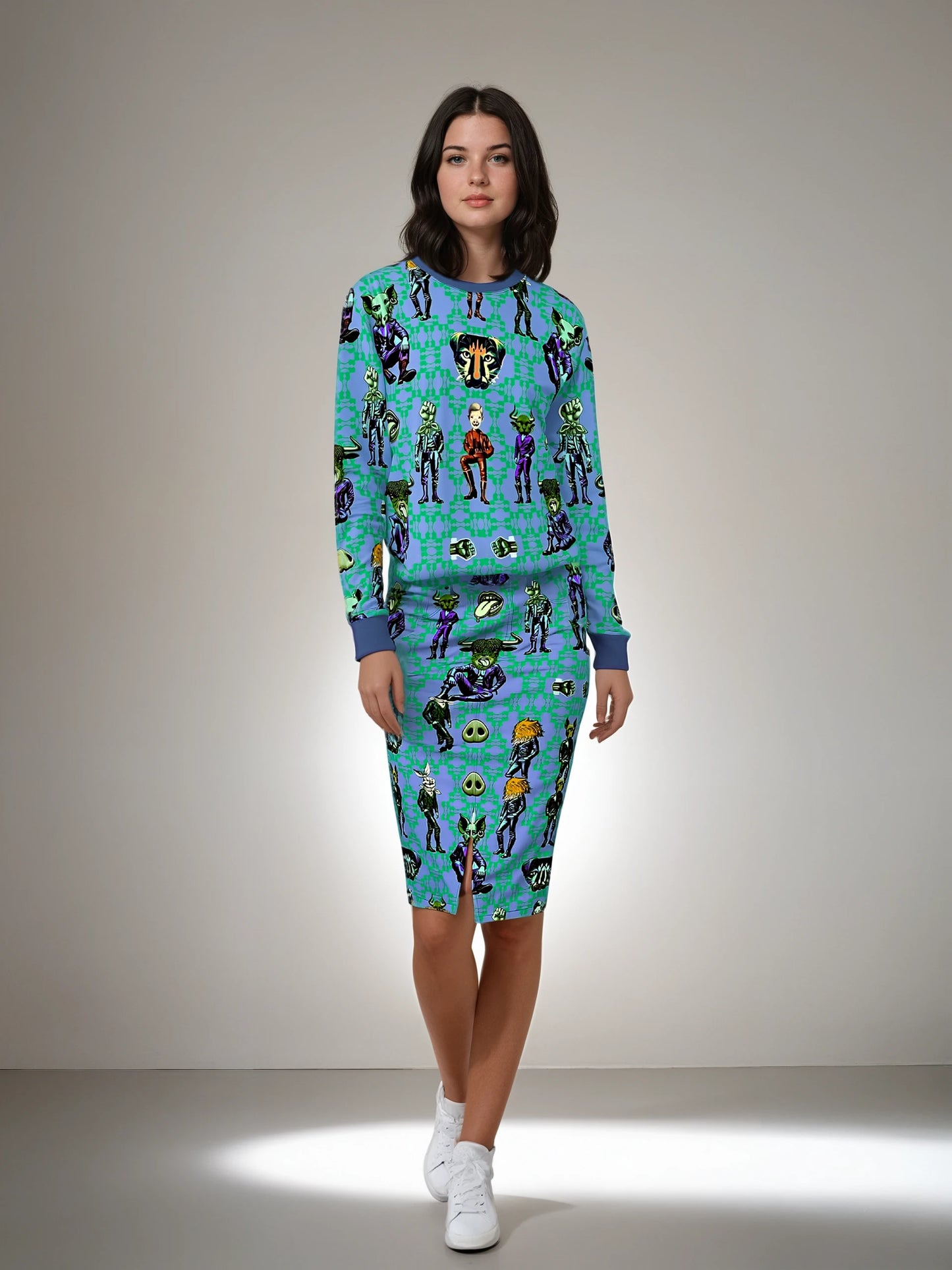 Denim Midi Skirt in critters vivid