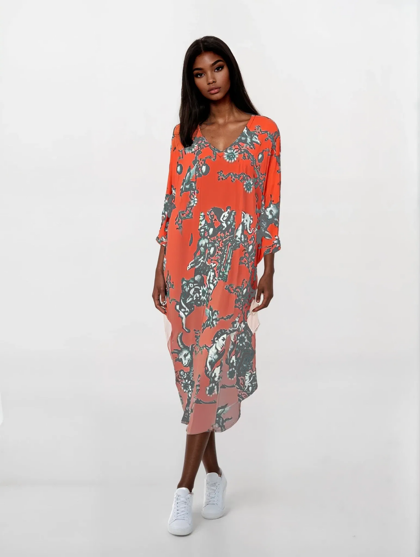 Kaftan in Toile de Bosch Gray & Coral
