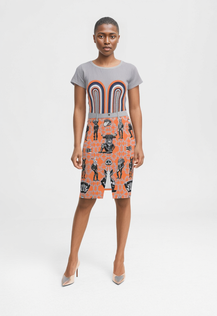 Denim Midi Skirt in critters grey coral