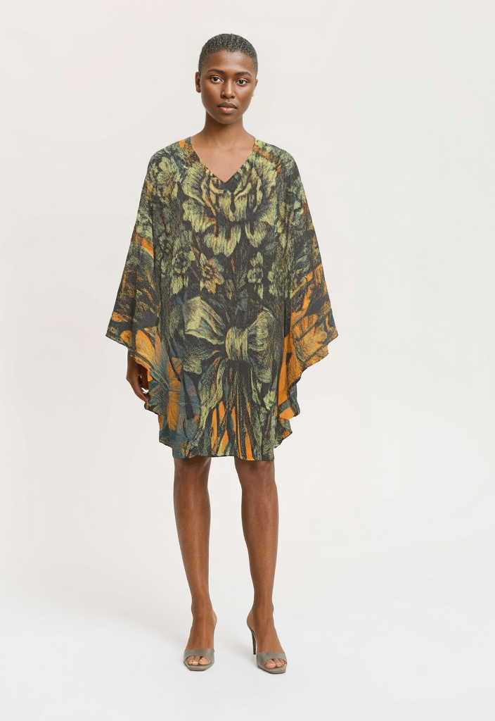 Short Kaftan in Dripping Flowers Orange