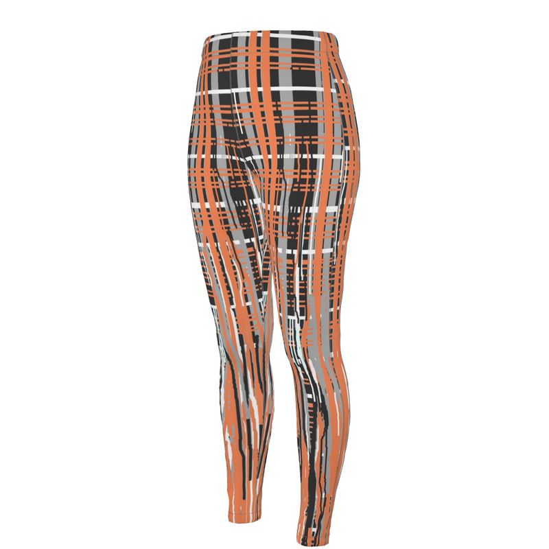 High Waisted Leggings in Dripping Plaid Gray Coral