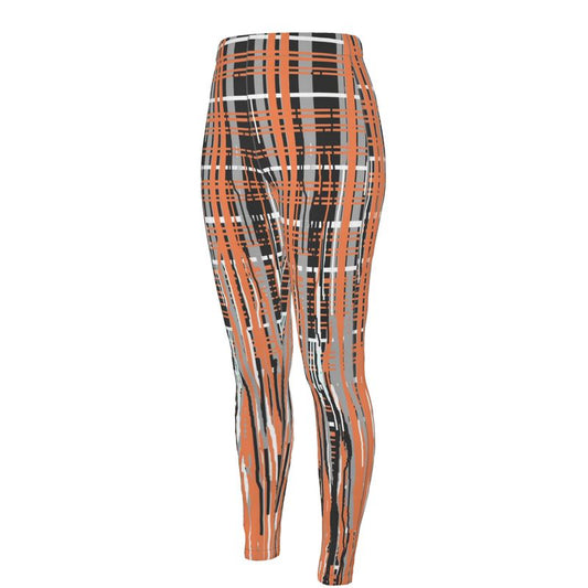 High Waisted Leggings in Dripping Plaid Gray Coral
