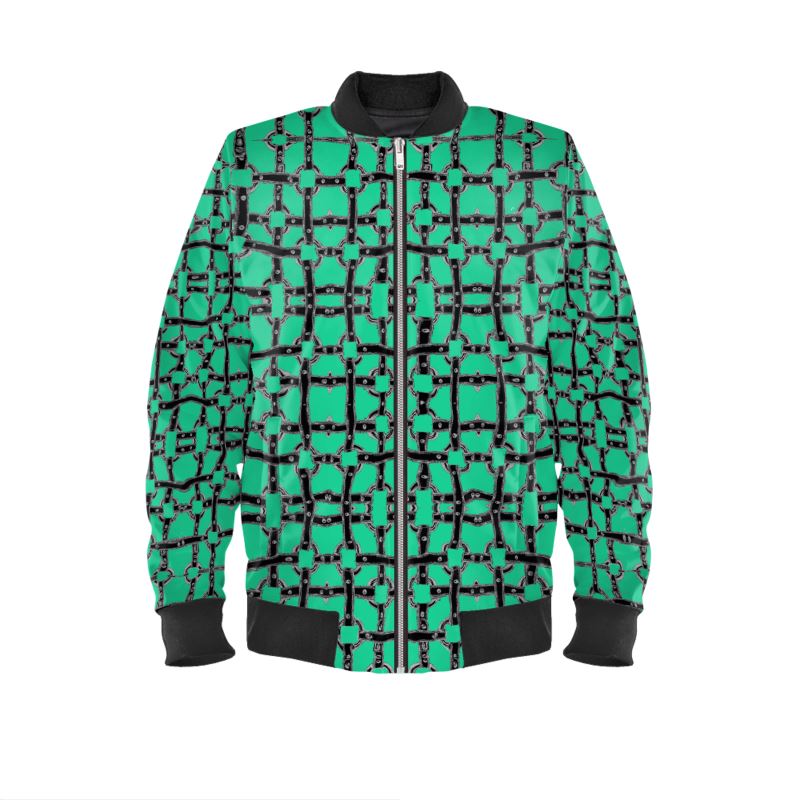 A green and black geometric pattern bomber jacket with a round neckline and long sleeves.