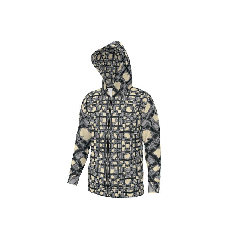 A hooded jacket with a geometric pattern featuring a mix of beige, black, and brown colors.