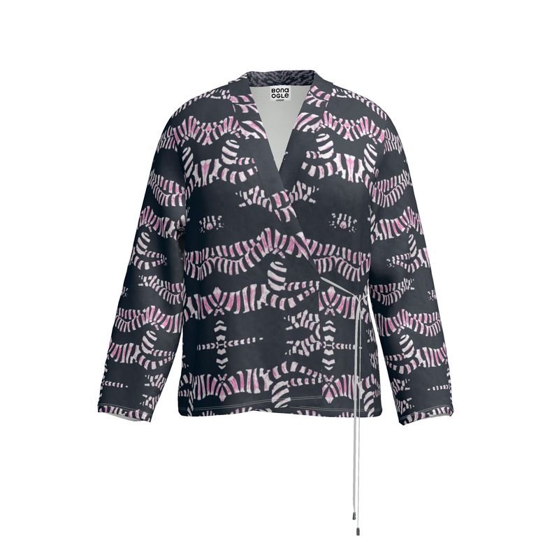 Wrap Blazer in divers collide in navy teal and blush