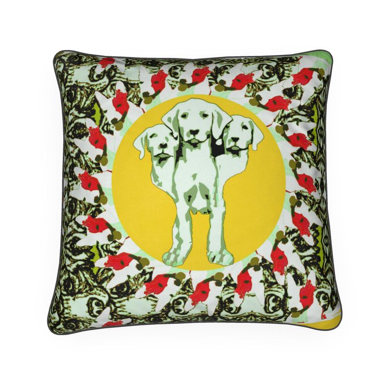 Cushions in mad dogs 3 headed puppy yellow pink