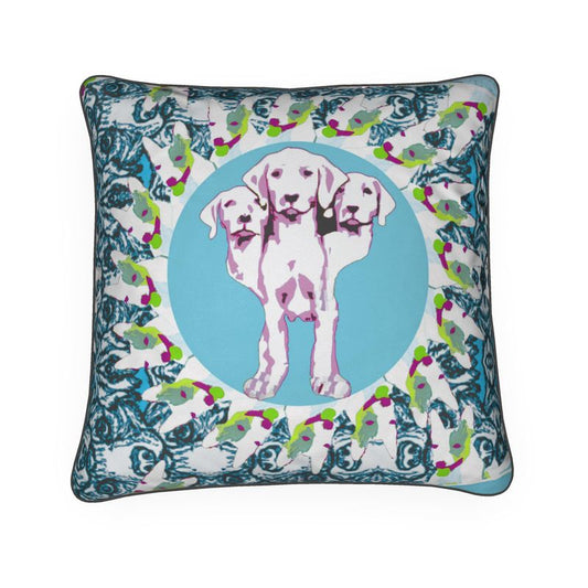 Cushion in mad dogs  3 headed puppy turqoise