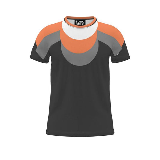 A t-shirt with 3D printed geometric patterns in gray and orange colors on a black base.