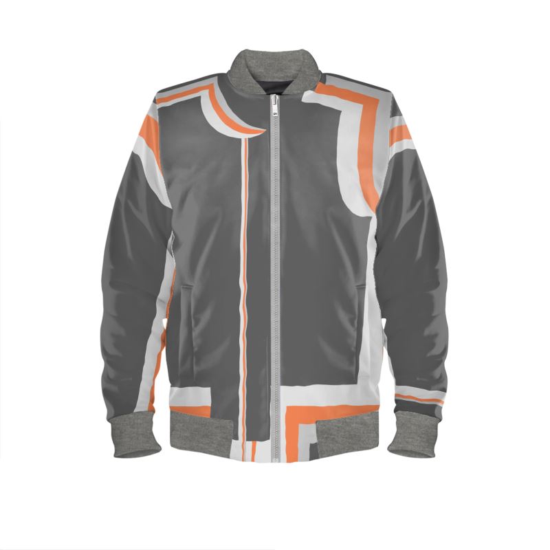 A bomber jacket with gray and orange geometric pattern, featuring a high collar, zip front, and ribbed cuffs.