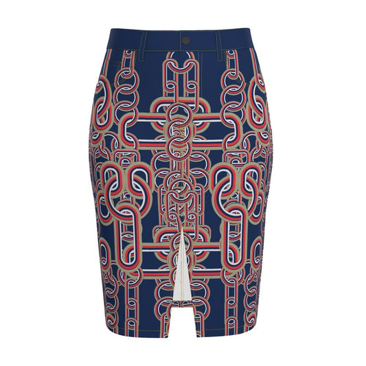 Denim Midi Skirt in Diagoonal Chains Blue