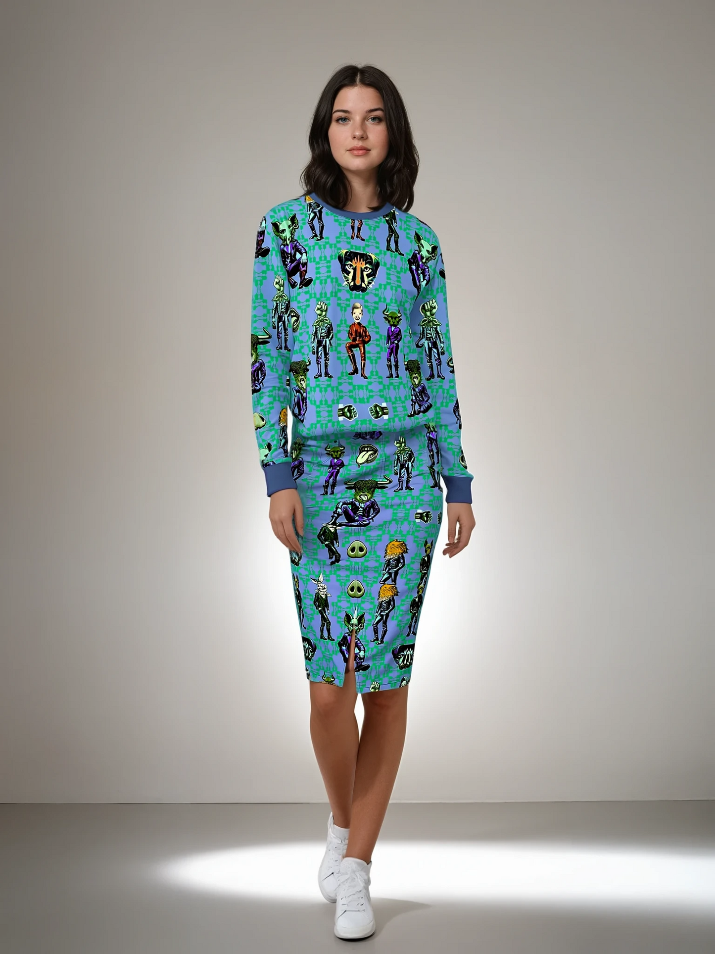 Denim Midi Skirt in critters vivid