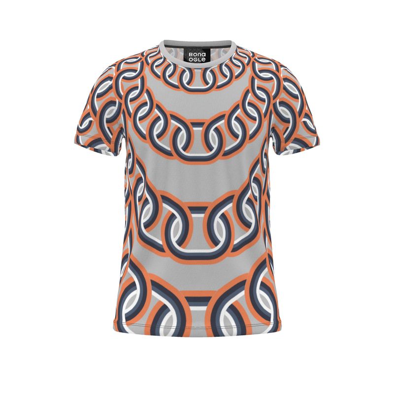 T-shirt with an all-over geometric chain print in gray and coral colors.