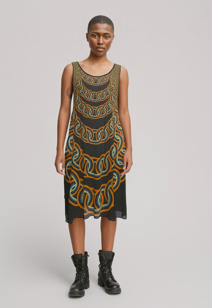 Sleeveless Midi Dress in graduating chains orange