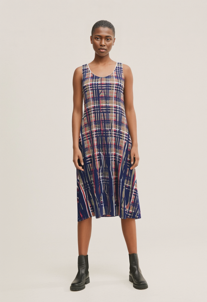 Sleeveless Midi Dress  in Dripping Plaid Blue