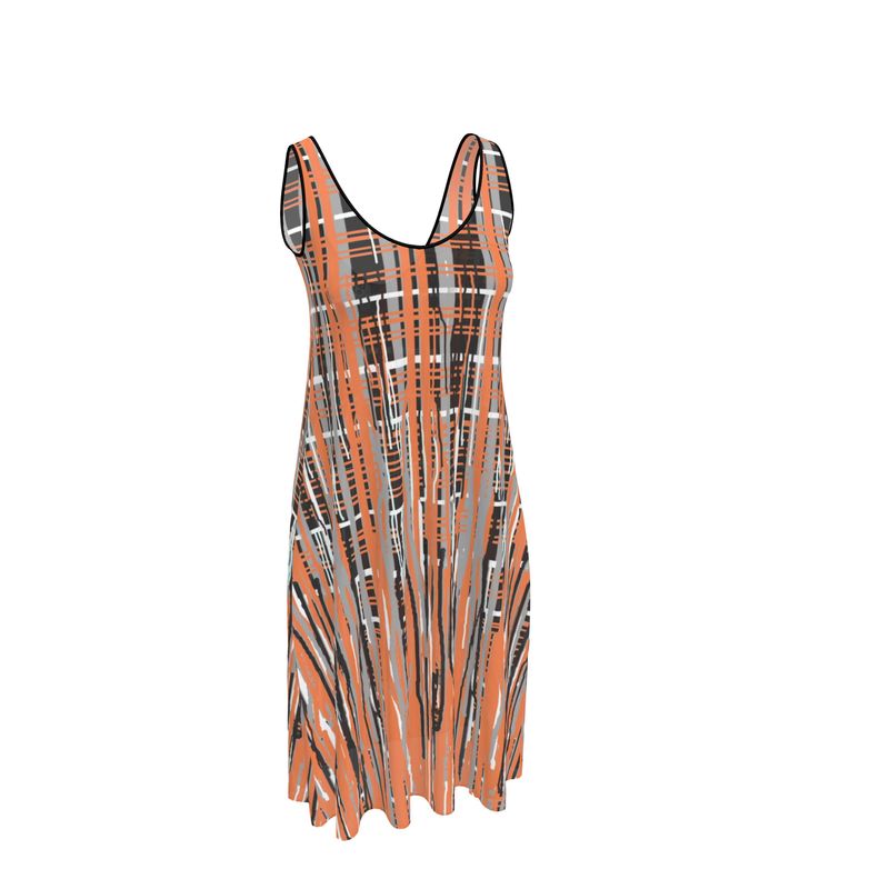 Sleevless Midi Dress in Dripping Plaid Gray Coral