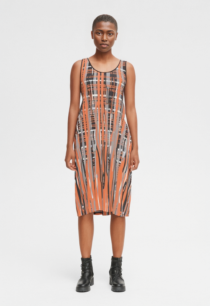 Sleevless Midi Dress in Dripping Plaid Gray Coral