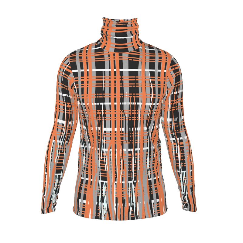 A long-sleeved roll neck t-shirt with a geometric plaid pattern in gray and orange colors.