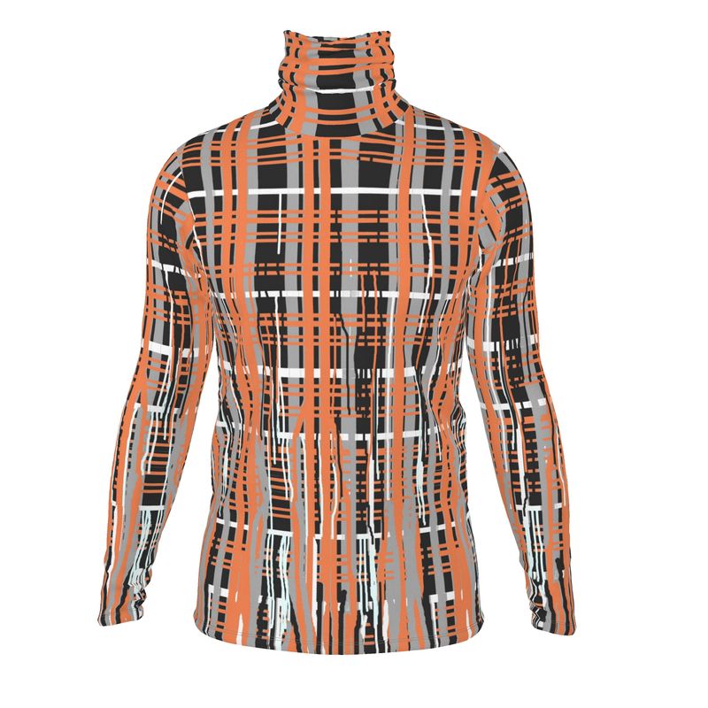 Slim Fit Roll Neck in Dripping Plaid Gray Coral