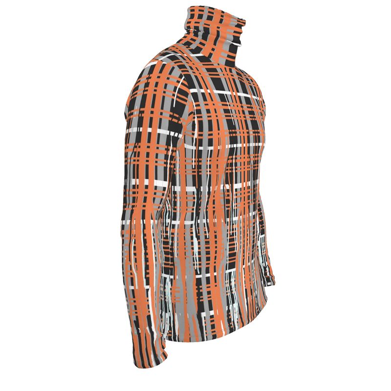 Slim Fit Roll Neck in Dripping Plaid Gray Coral