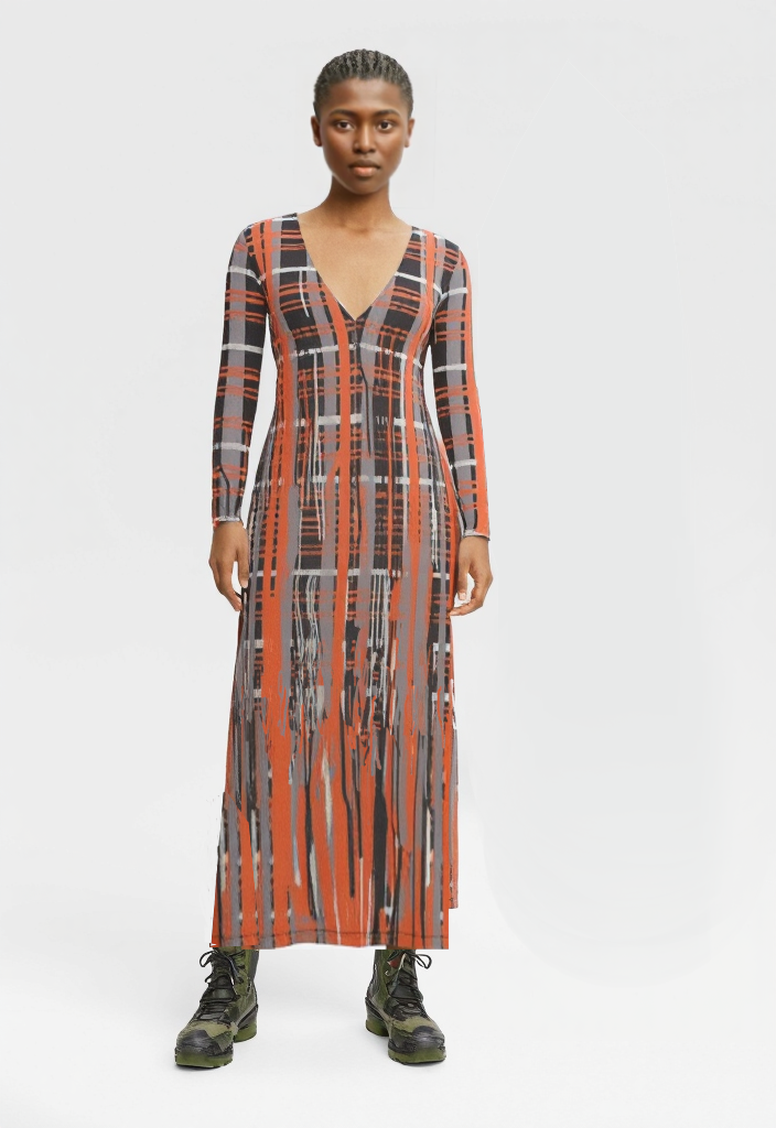 Cardigan Dress in Dripping Plaid Gray Coral