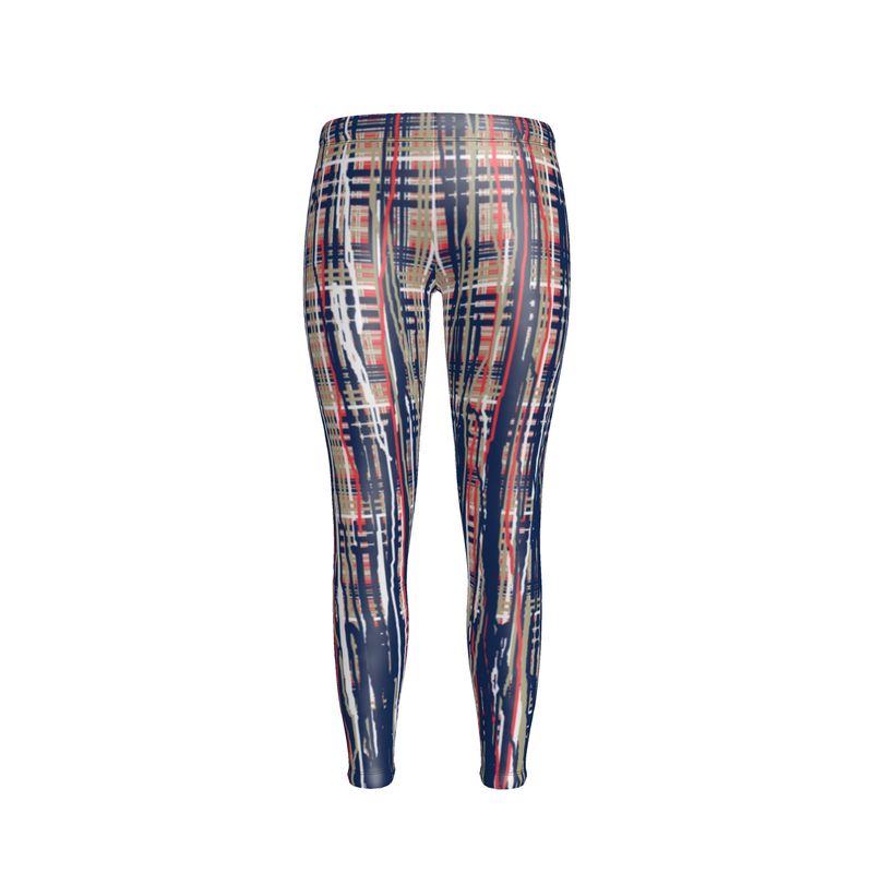 A pair of leggings with a plaid pattern featuring blue, red, and beige colors.