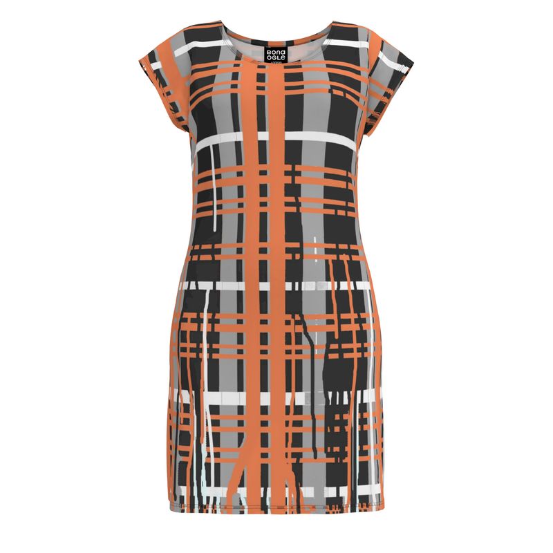 Tunic T Shirt Dress in plaid drips gray coral