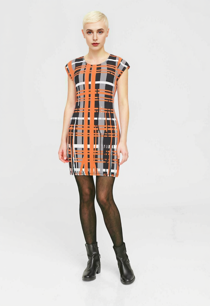 Tunic T Shirt Dress in plaid drips gray coral