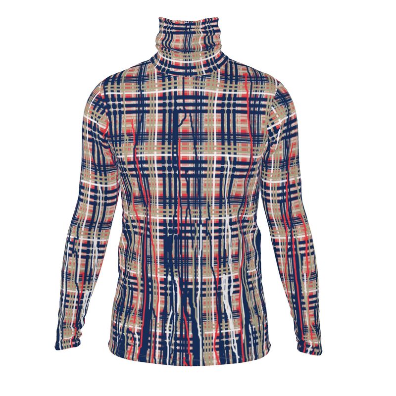 Three Piece Co-ord Set in Dripping Plaid Blue - Slim Fit Roll Neck Top in Dripping Plaid Blue