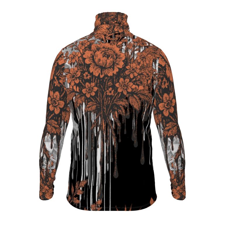 Slim Fit Roll Neck Top in Dripping Flowers Gray Coral