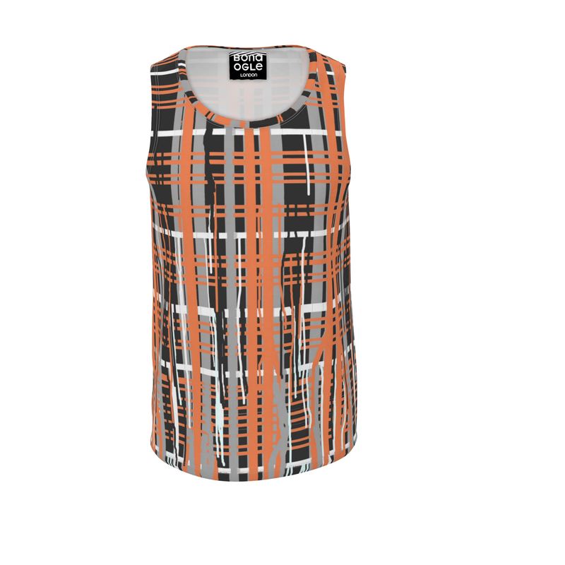 A sleeveless plaid patterned vest in gray and orange colors.