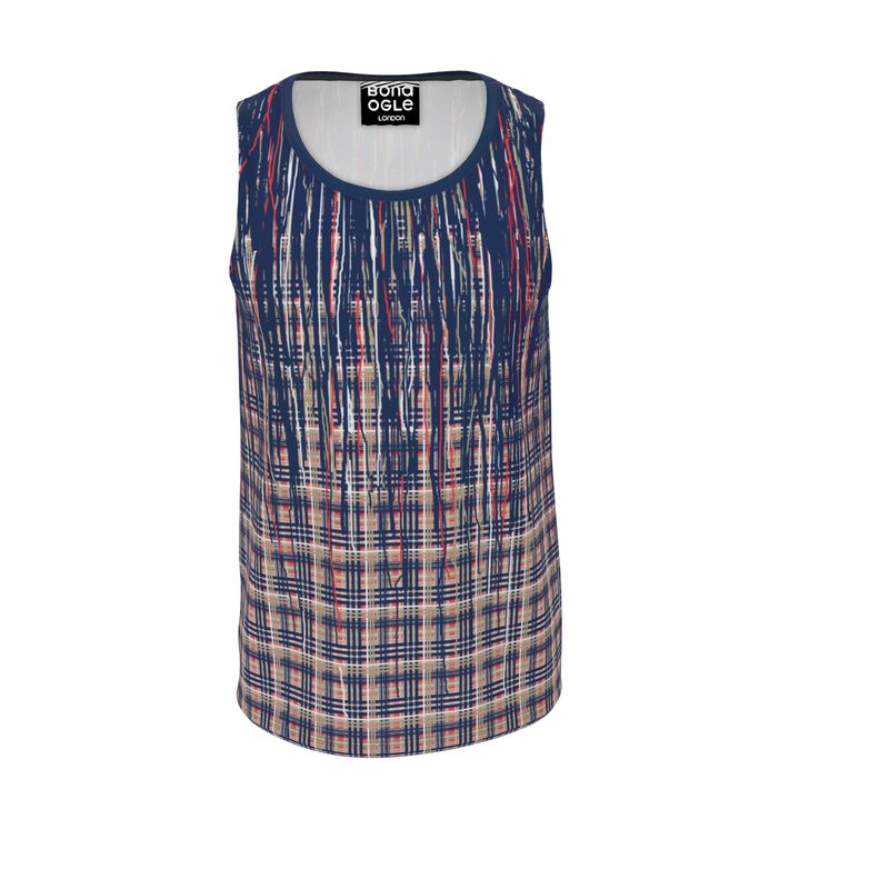 A sleeveless plaid patterned vest in blue and red colors with a round neckline and fitted chest.