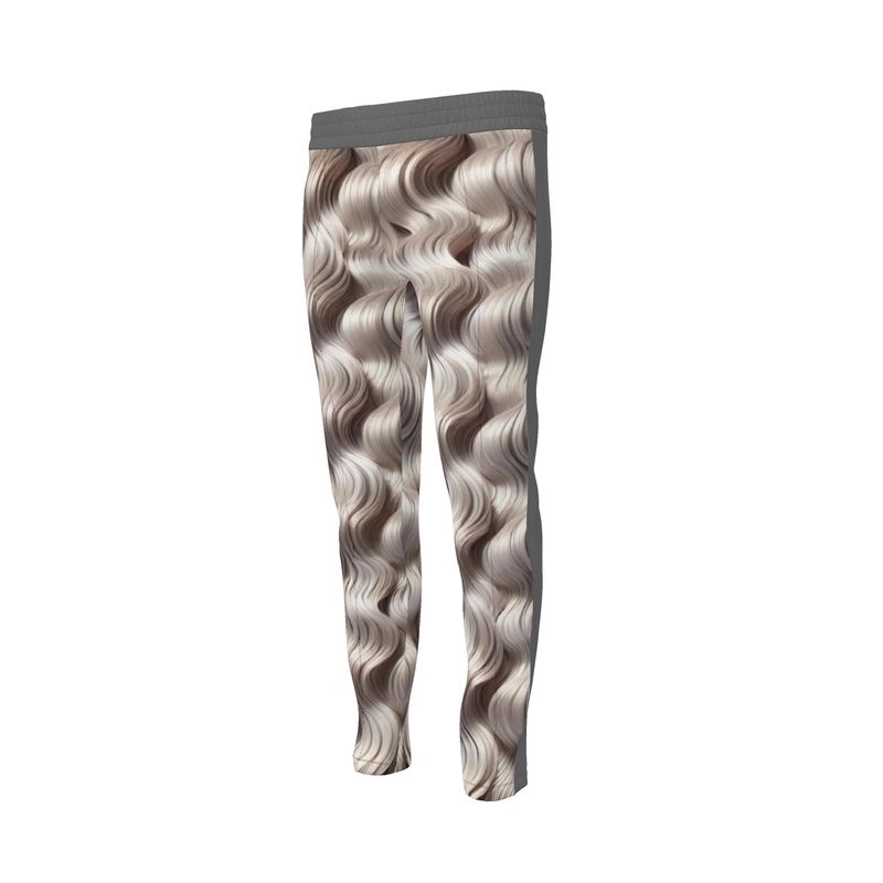 A pair of tracksuit trousers with a wavy, platinum hair-like print and a contrasting gray stripe down the outer leg.