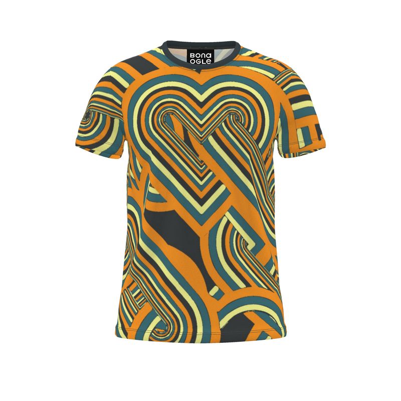 A short-sleeved t-shirt with an all-over geometric heart and chain print in orange and other colors.