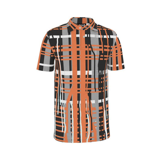 A checkered patterned polo shirt in gray and coral colors.