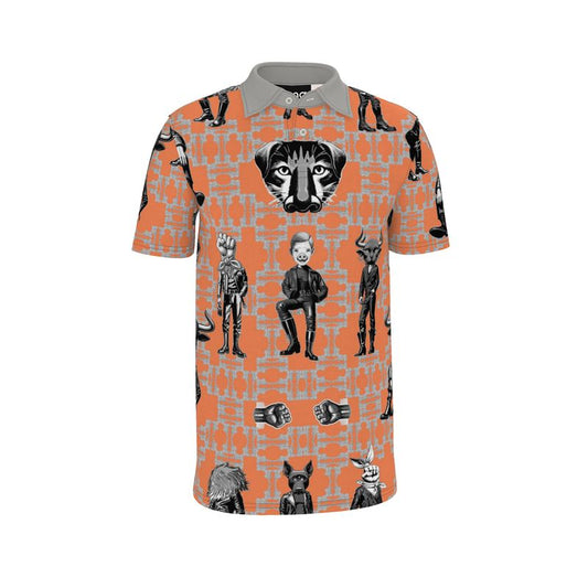 A polo shirt with a pattern featuring various cartoon-like creatures on a gray and orange background.