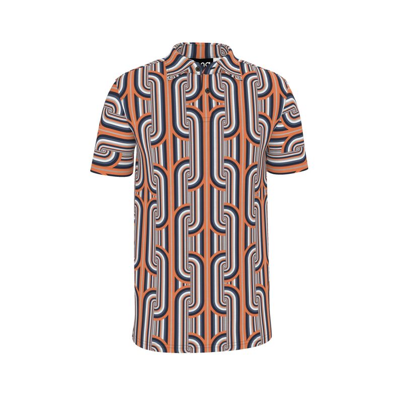 A short-sleeved polo shirt with a geometric pattern in gray and orange colors.