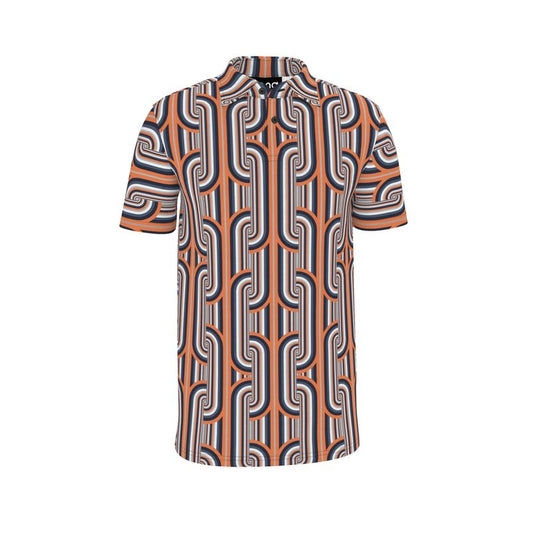 A short-sleeved polo shirt with a geometric pattern in gray and orange colors.