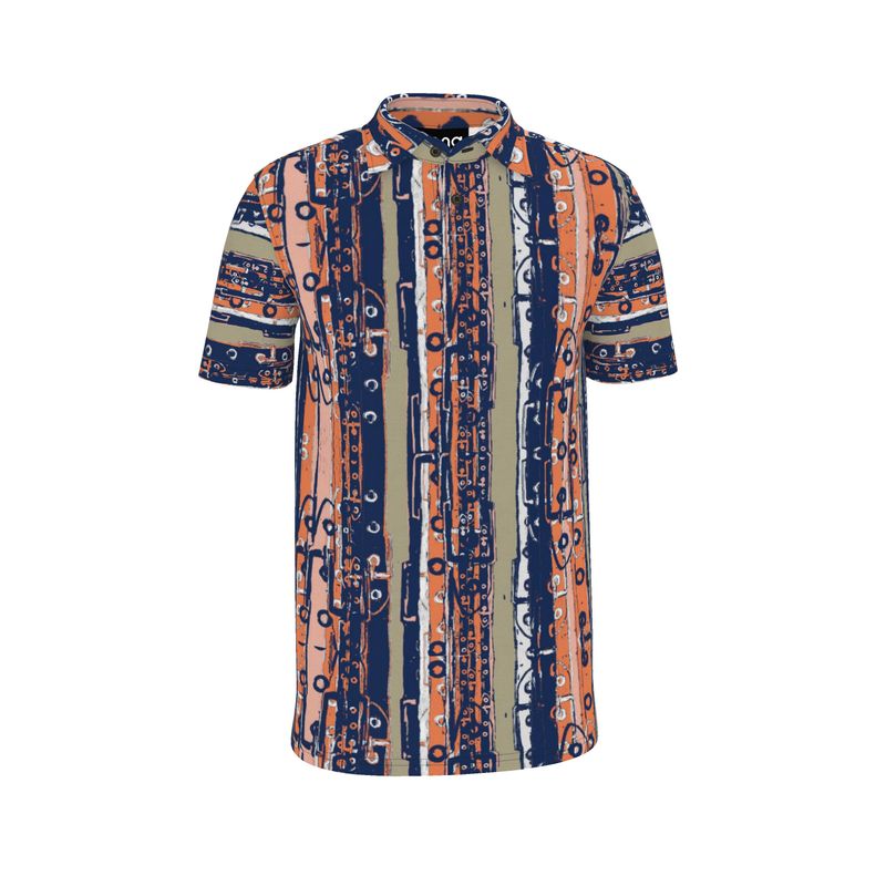A polo shirt featuring a geometric pattern with stripes and shapes in blue, red, and beige colors.